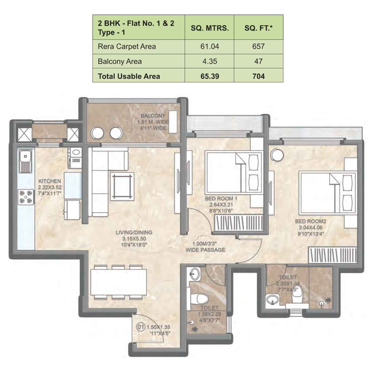 Dosti-Greenscape-Floor-Plan-Glade-2-BHK-704-Sqft