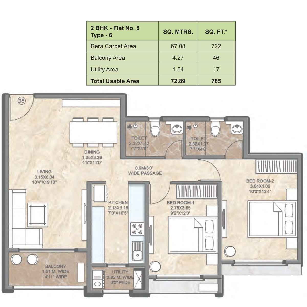 Dosti-Greenscape-Floor-Plan-Glade-2-BHK-785-Sqft